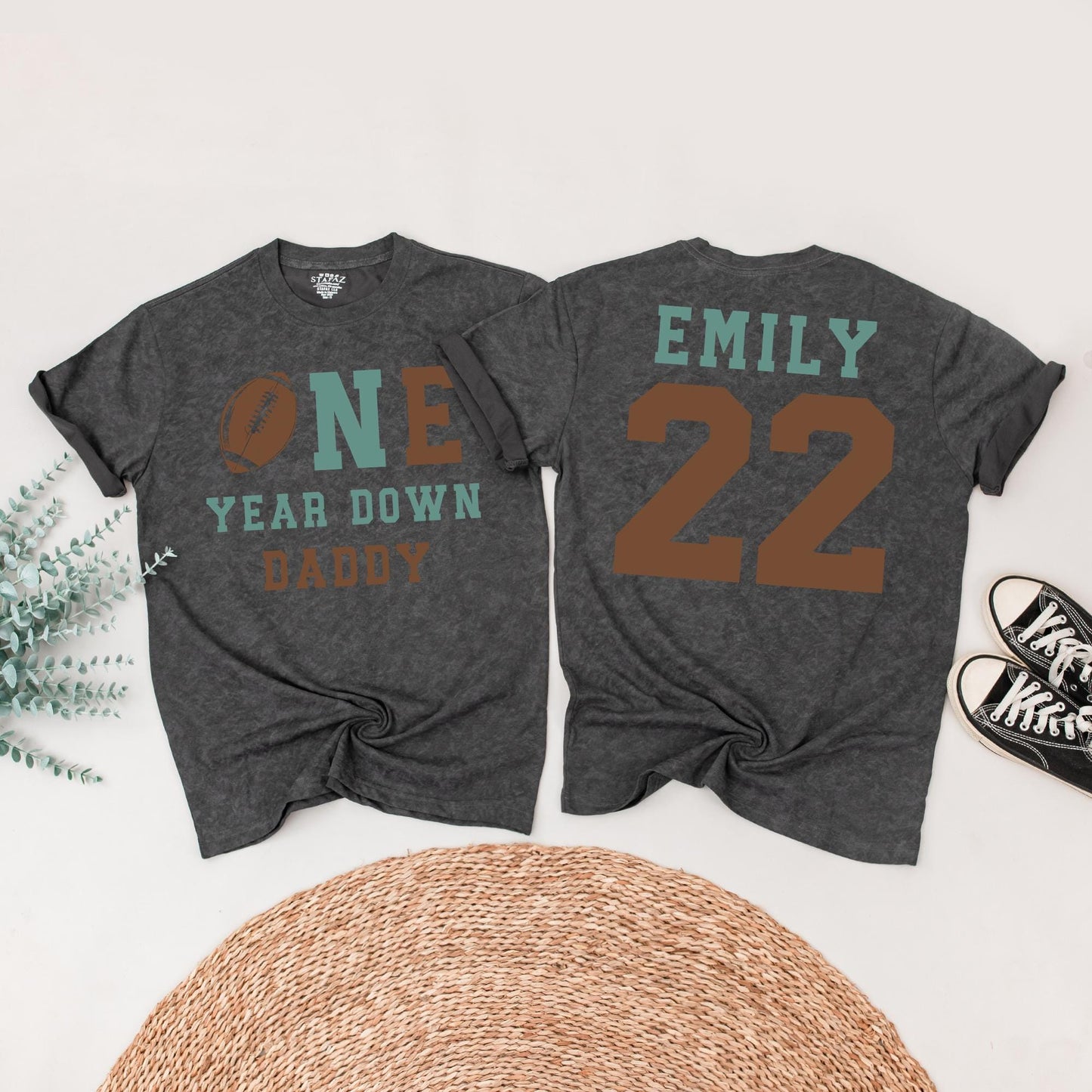 One Year Down Football Birthday Family Shirts Sea Green Brown, Alex & Emily 1st Birthday Outfit, First Touchdown Party, Daddy Son Matching Tees 01, 22
