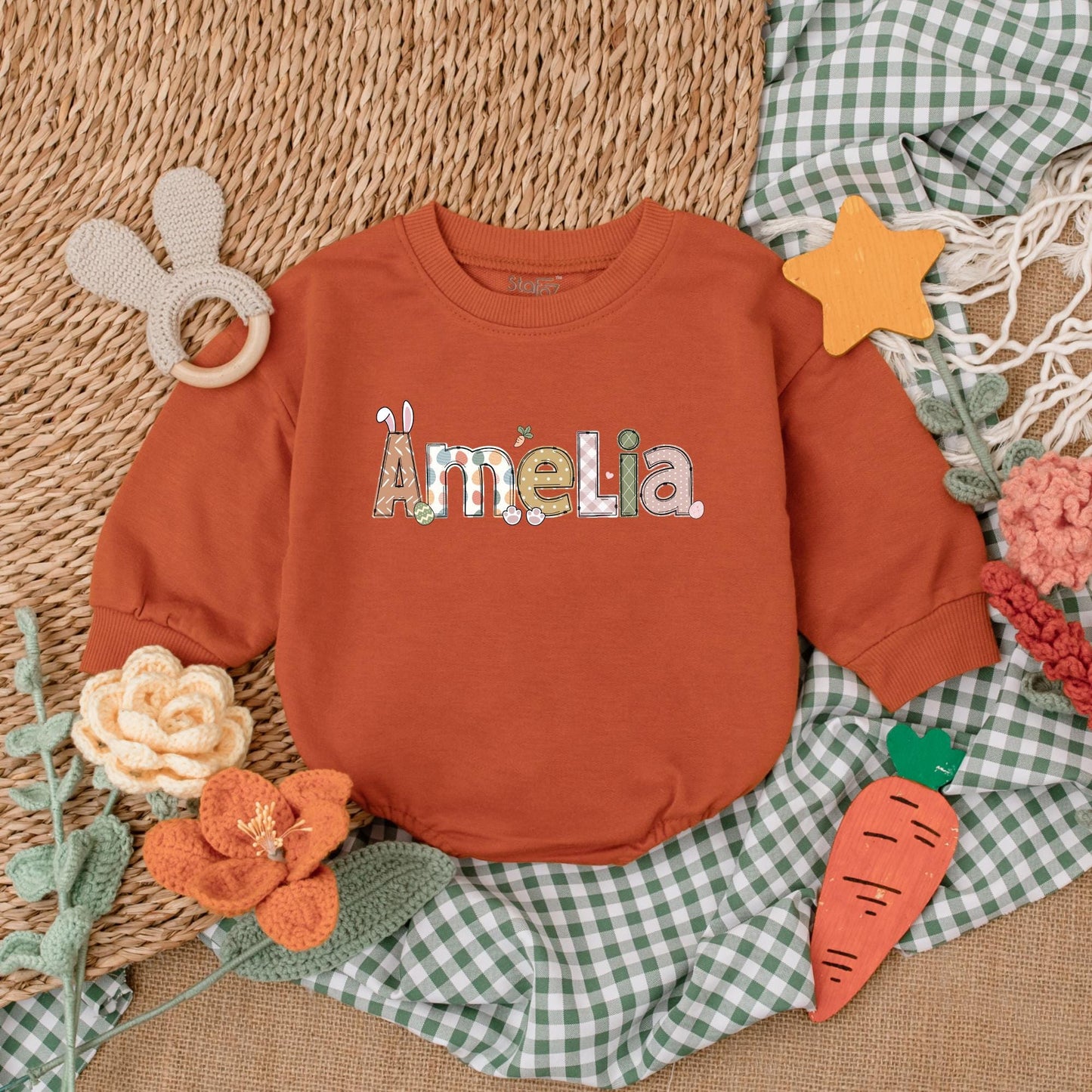 Personalized Easter Bunny Romper Baby Gift, Retro Easter Day Bodysuit, First Easter Outfit, Custom Name Bubble Romper, Baby Shower Gift (139 chars)