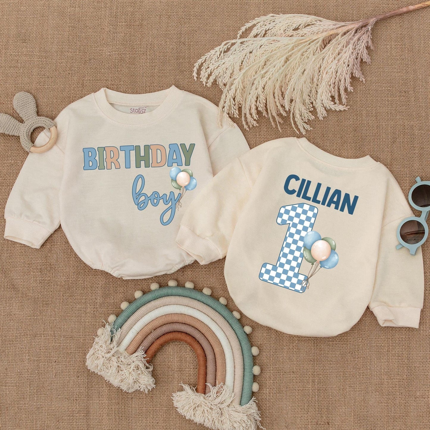 Personalized Blue Balloon Birthday Boy Bubble Romper for Baby Shower Gift or First Birthday Outfit