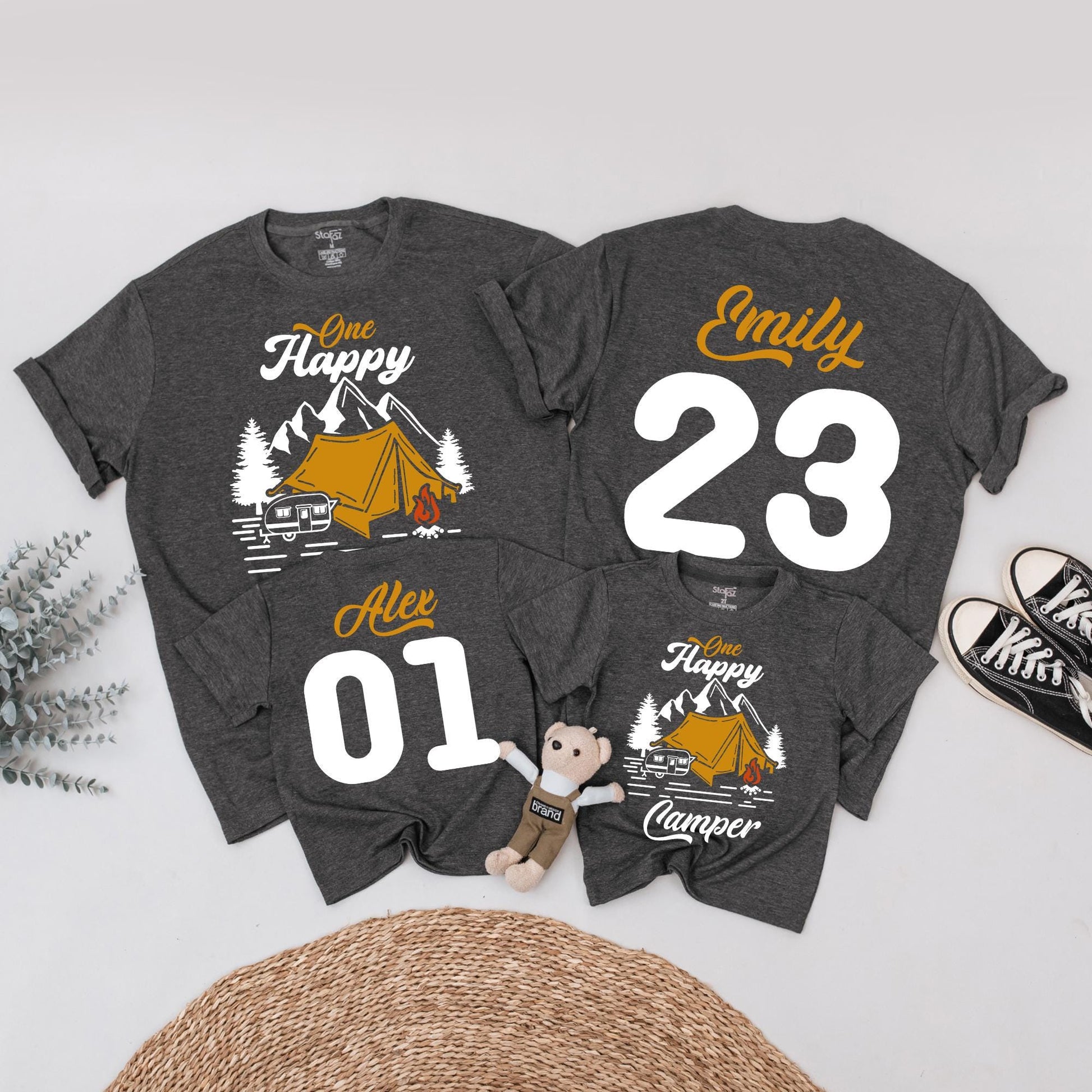 One Happy Camper First Birthday Shirt Matching Family Outfit Vintage Camping Party Theme Black Yellow Pine Tree Tent Cotton Tee
