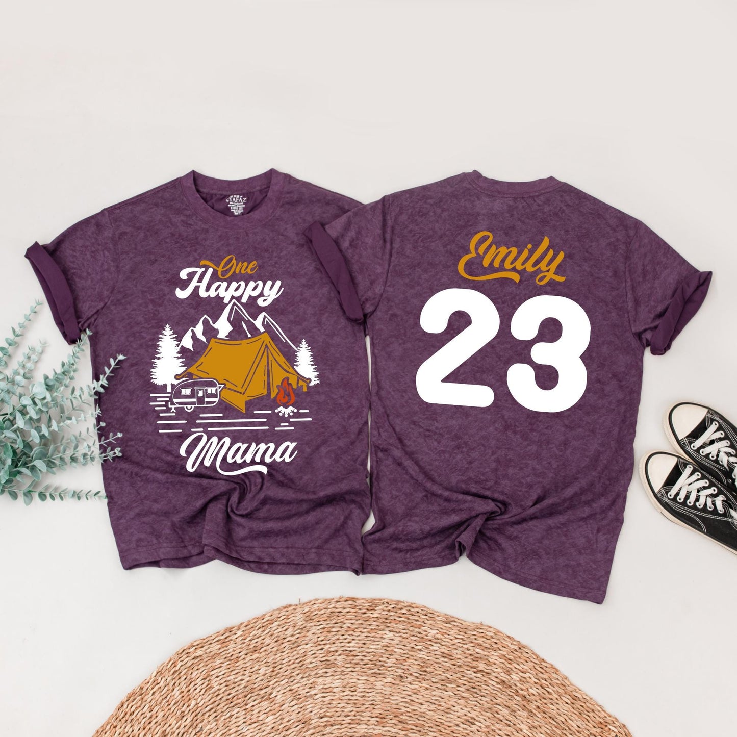 One Happy Camper First Birthday Shirt Matching Family Outfit Vintage Camping Party Theme Black Yellow Pine Tree Tent Cotton Tee