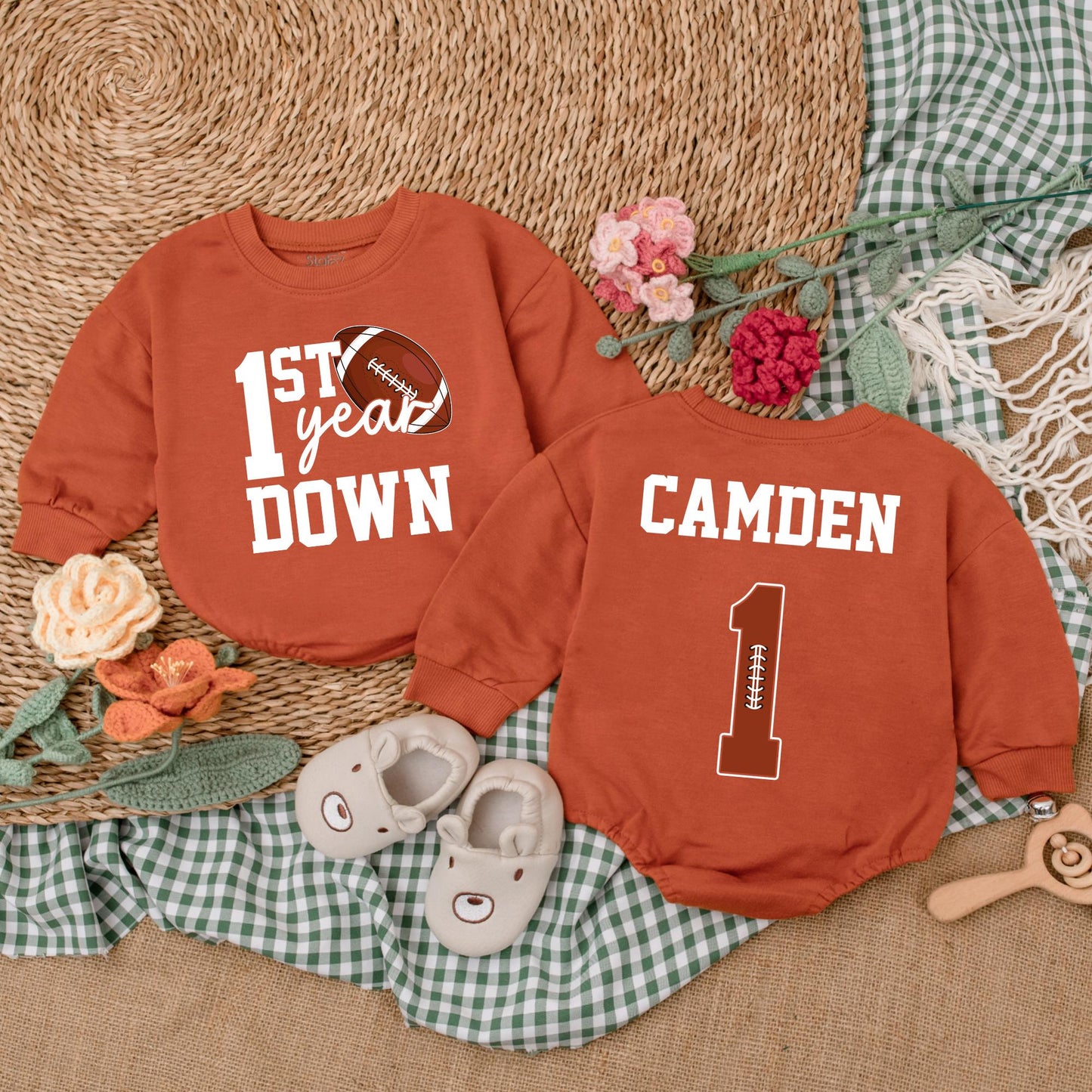 Personalized First Year Down Football Romper Baby Boy Birthday Bodysuit Game Day Baby Clothes
