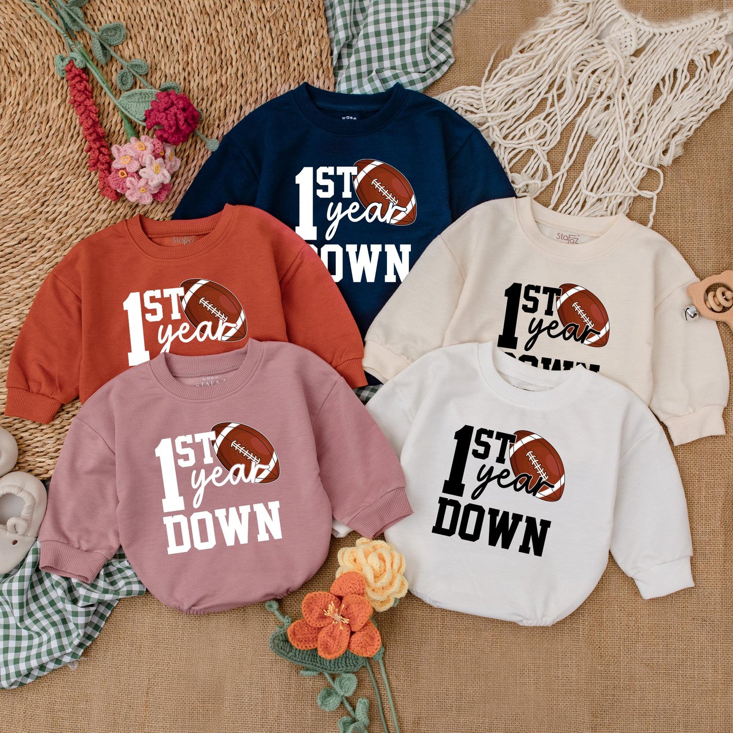 Personalized First Year Down Football Romper Baby Boy Birthday Bodysuit Game Day Baby Clothes