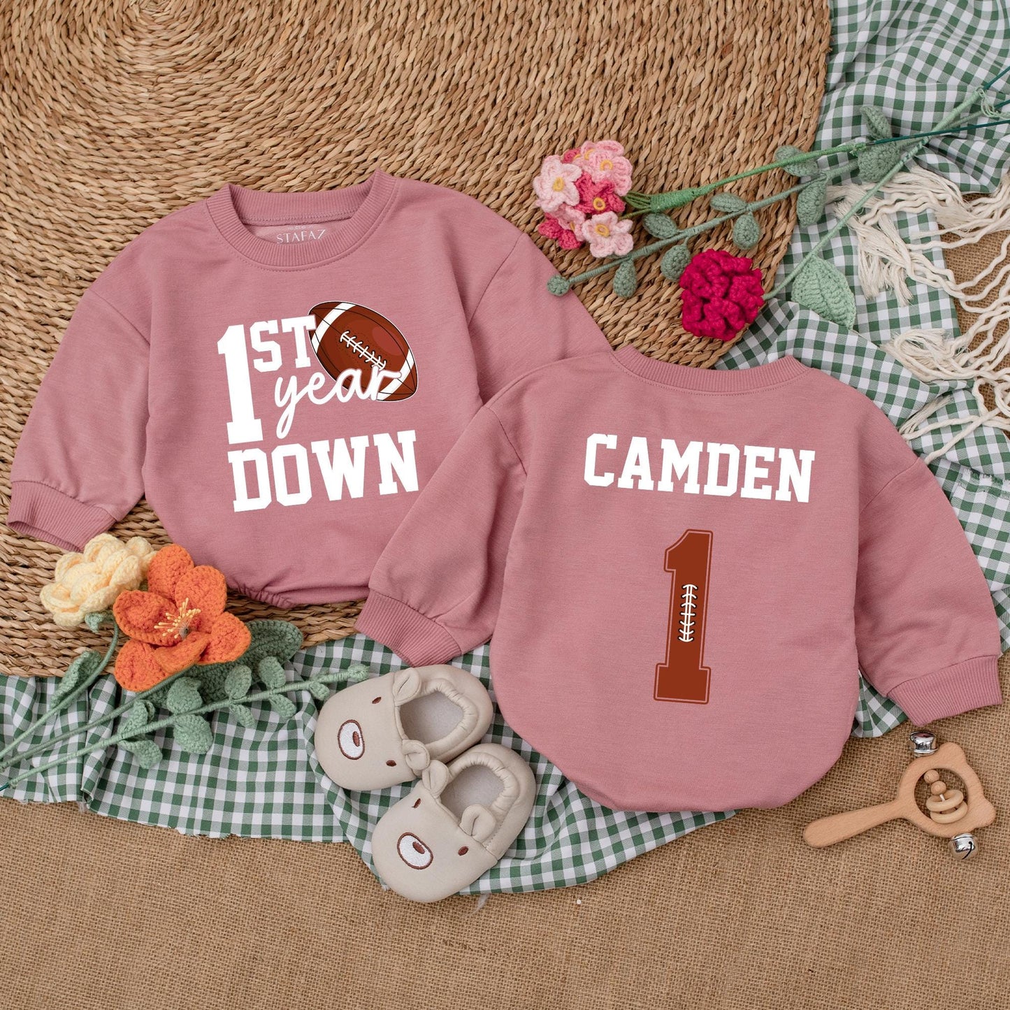 Personalized First Year Down Football Romper Baby Boy Birthday Bodysuit Game Day Baby Clothes