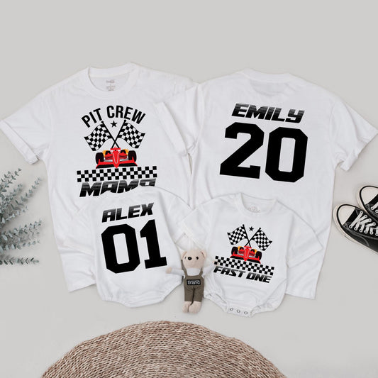 Fast One Pit Crew Birthday Boy Shirt, Race Car 1st Birthday Tee, Checkered Flag Family Matching, Black & Red Racing Theme Party, Baby First Birthday Outfit (139 chars)