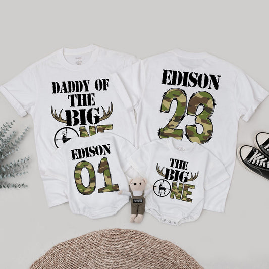 The Big One Birthday Hunting Shirt Personalized for Boys, Deer Antlers Camo Birthday Outfit, First Birthday, Daddy of the Big One, Wild One 1st Birthday