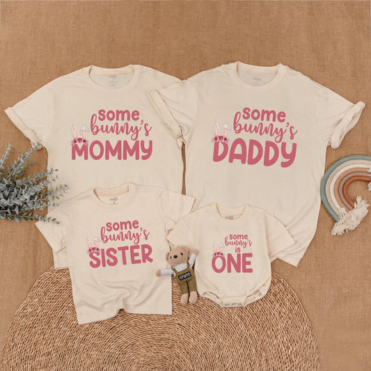 Some Bunny Is One First Birthday Matching Family Outfit Pink Floral Bunny Ears Baby Girl Romper Mommy Daddy Sister Shirts Soft Cotton Playful Design