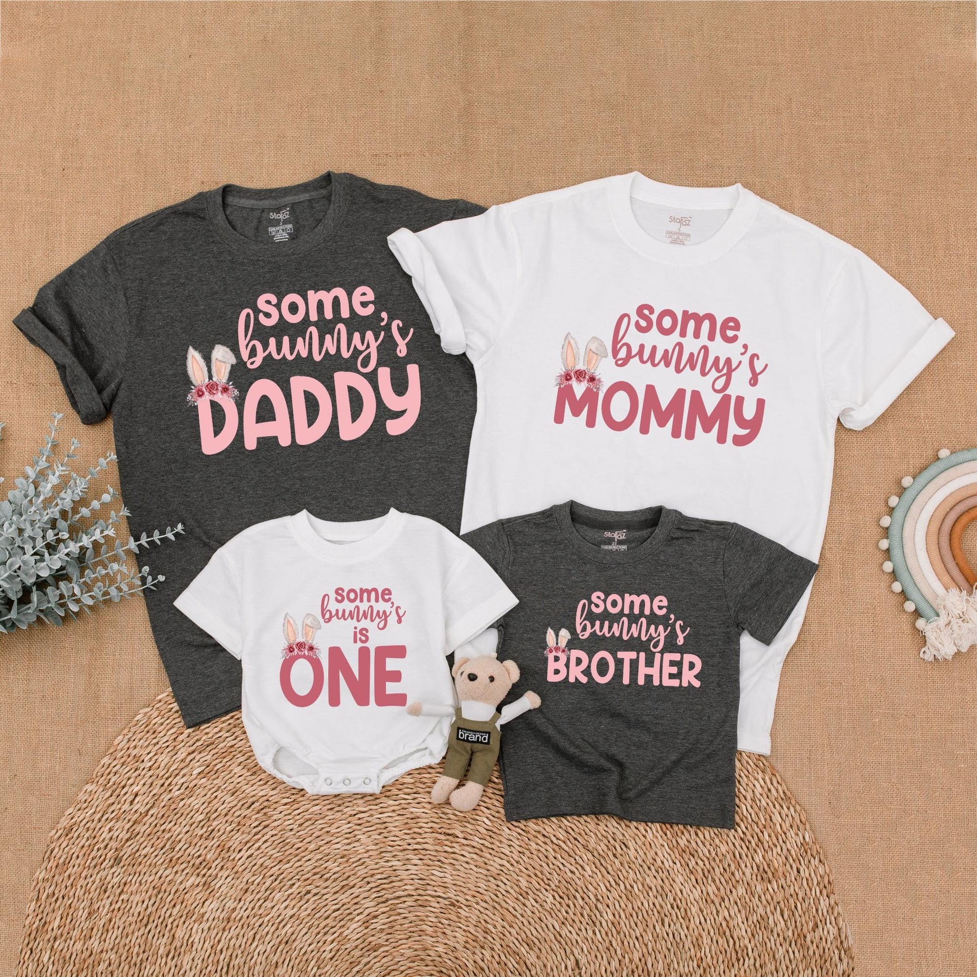 Some Bunny Is One First Birthday Matching Family Outfit Pink Floral Bunny Ears Baby Girl Romper Mommy Daddy Sister Shirts Soft Cotton Playful Design