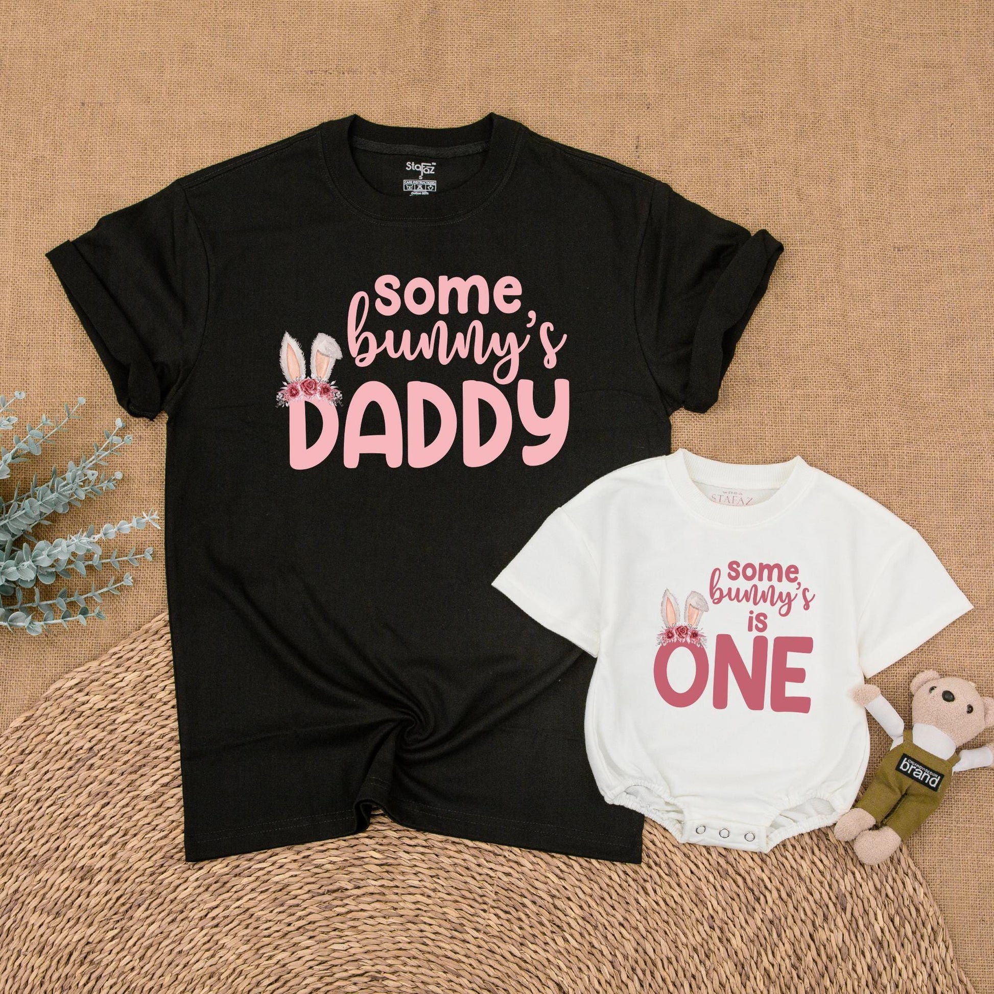Some Bunny Is One First Birthday Matching Family Outfit Pink Floral Bunny Ears Baby Girl Romper Mommy Daddy Sister Shirts Soft Cotton Playful Design