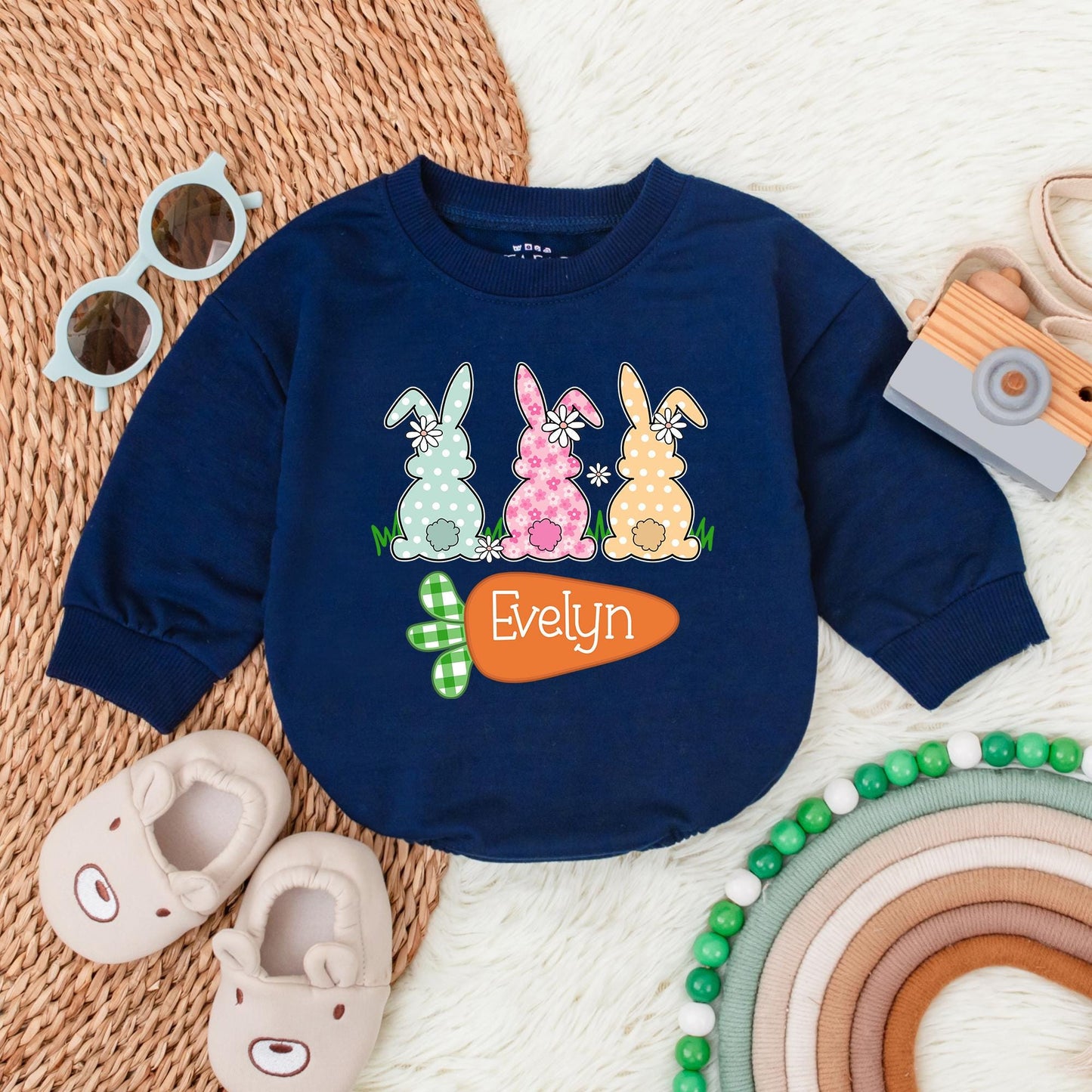Personalized Easter Bunny Bubble Romper for Baby Girls, Soft Cotton My First Easter Bodysuit & Easter Outfit Gift