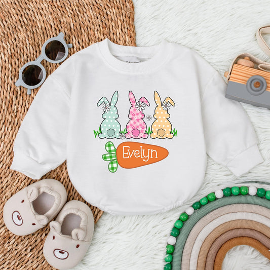 Personalized Easter Bunny Bubble Romper for Baby Girls, Soft Cotton My First Easter Bodysuit & Easter Outfit Gift