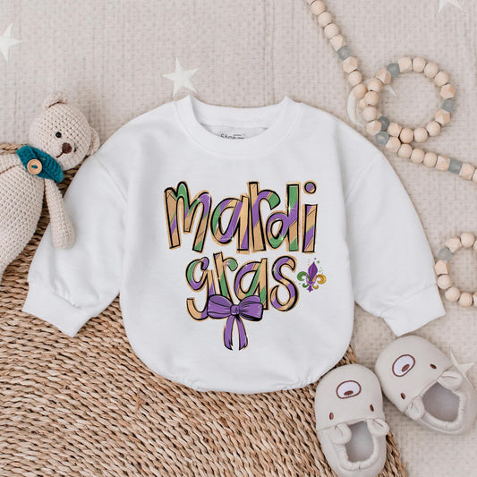 Festive Mardi Gras Baby Romper King Cake Design perfect for boy or girl Fat Tuesday party outfit newborn shower gift bodysuit clothes.