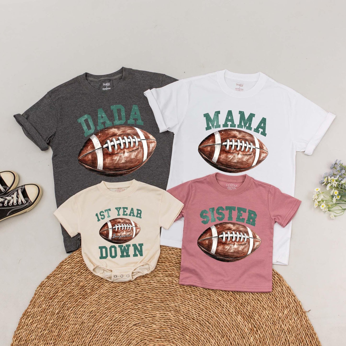 Personalized Football 1st Birthday Family T-Shirt & Romper Set, Custom First Year Down Party Outfit, Football Birthday Tee Boy
