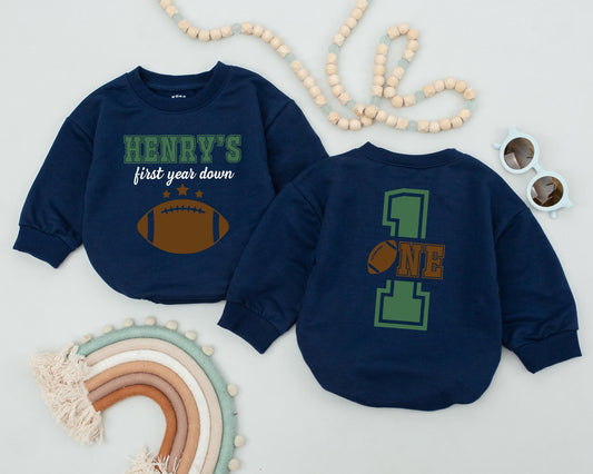Personalized Year Down Romper First Birthday Outfit Game Day Baby Clothes Football Party Gift for Boys