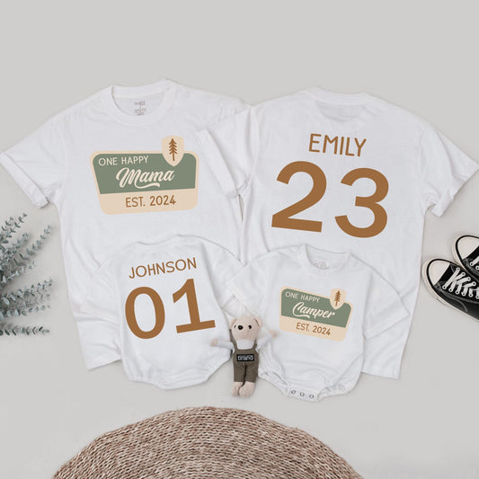 One Happy Camper Family Matching Shirts for First Birthday Adventure Outfit with Pine Tree Graphic Earth Tones Cotton Soft and Comfortable
