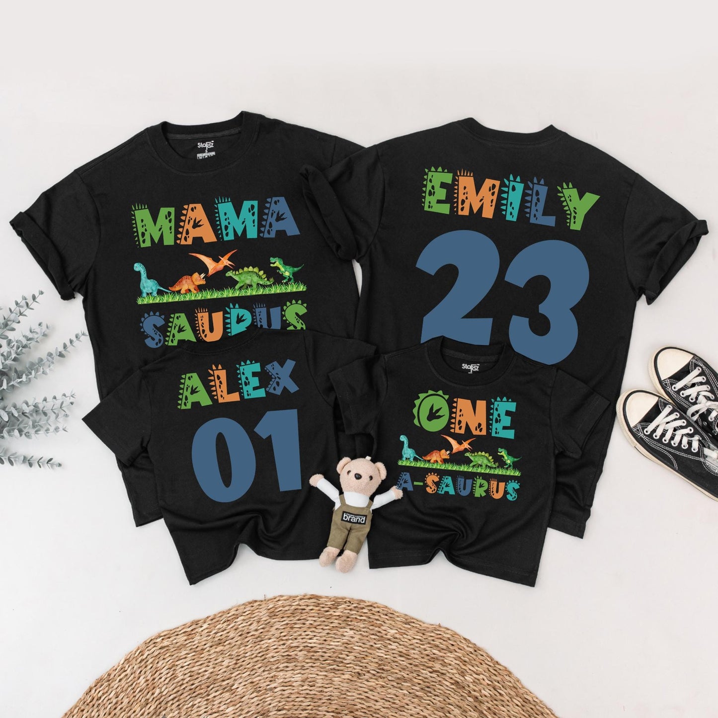 Matching Family Dinosaur Birthday Shirts Mama Saurus Dada Saurus Tees for Kids 1st 2nd 3rd Birthday Parties vibrant cartoon Dino designs