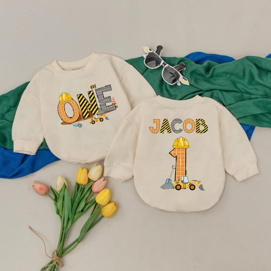First Birthday Construction Romper for Baby Boy, Custom Name Excavator Truck Design, 1st Birthday Outfit, Personalized Newborn Gift