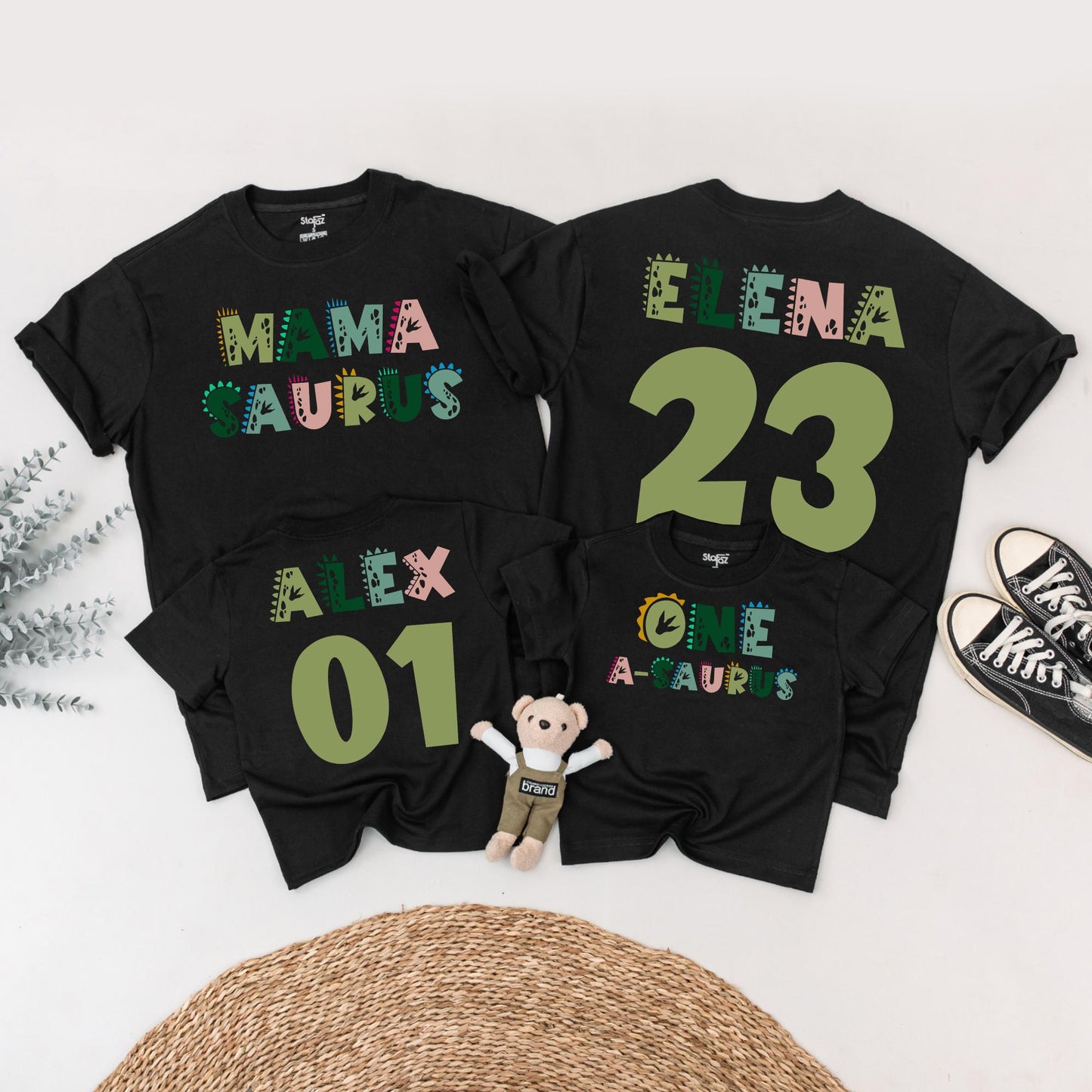 Personalized Mama Saurus Dada Saurus Matching Family Dinosaur Birthday Shirts Kids 1st Dino Tee Custom Whimsical Green Pink Design