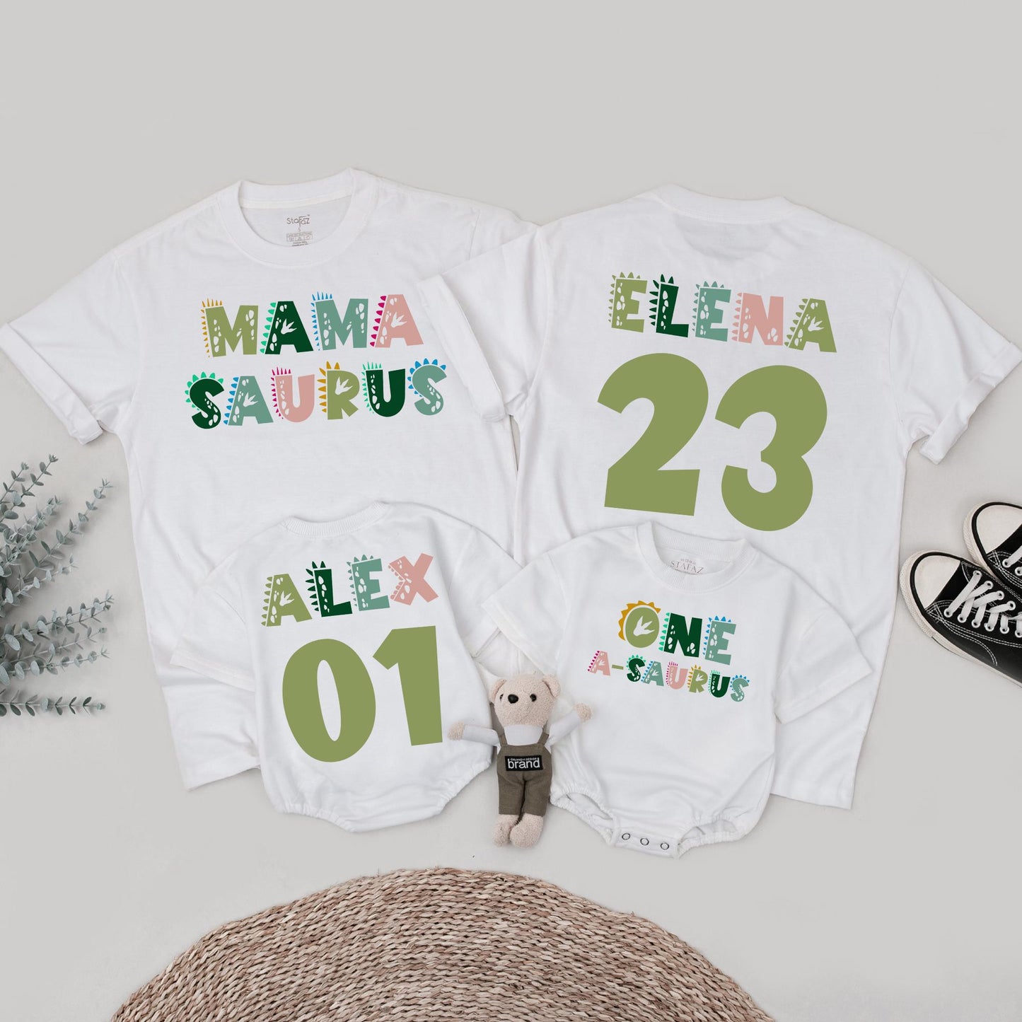 Personalized Mama Saurus Dada Saurus Matching Family Dinosaur Birthday Shirts Kids 1st Dino Tee Custom Whimsical Green Pink Design