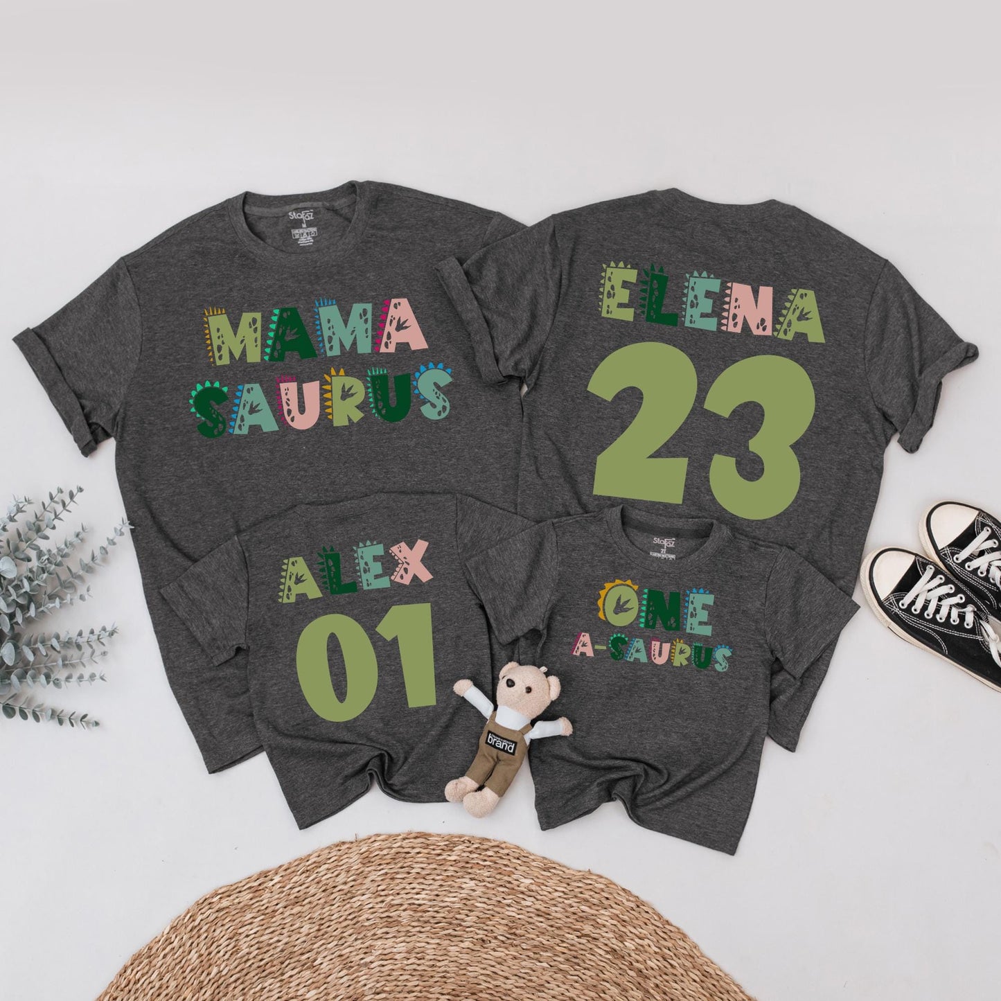 Personalized Mama Saurus Dada Saurus Matching Family Dinosaur Birthday Shirts Kids 1st Dino Tee Custom Whimsical Green Pink Design