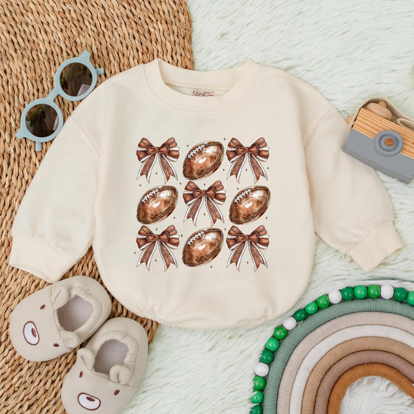 Football Bow Bubble Romper Baby Gameday Outfit Newborn Football Baby Clothes Sports Toddler Birthday Celebration Cotton Comfortable Casual Gift First Game