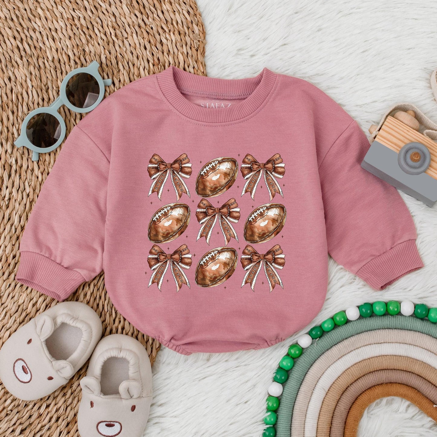 Football Bow Bubble Romper Baby Gameday Outfit Newborn Football Baby Clothes Sports Toddler Birthday Celebration Cotton Comfortable Casual Gift First Game