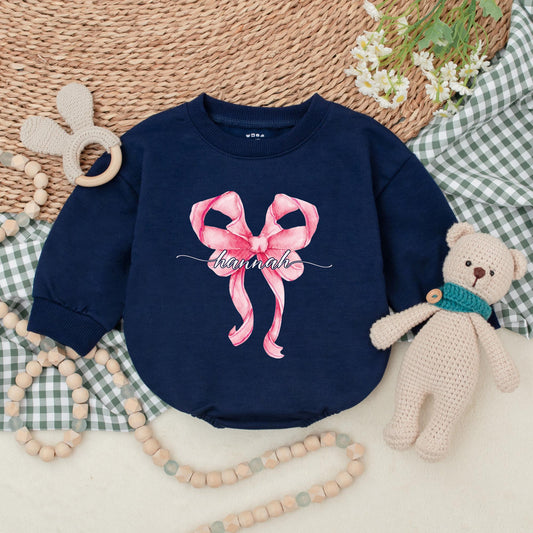 Personalized Pink Bow Baby Girl Romper Birthday Outfit Cute Pink Bodysuit Custom Name First Birthday Gift Soft Cotton Bubble Design