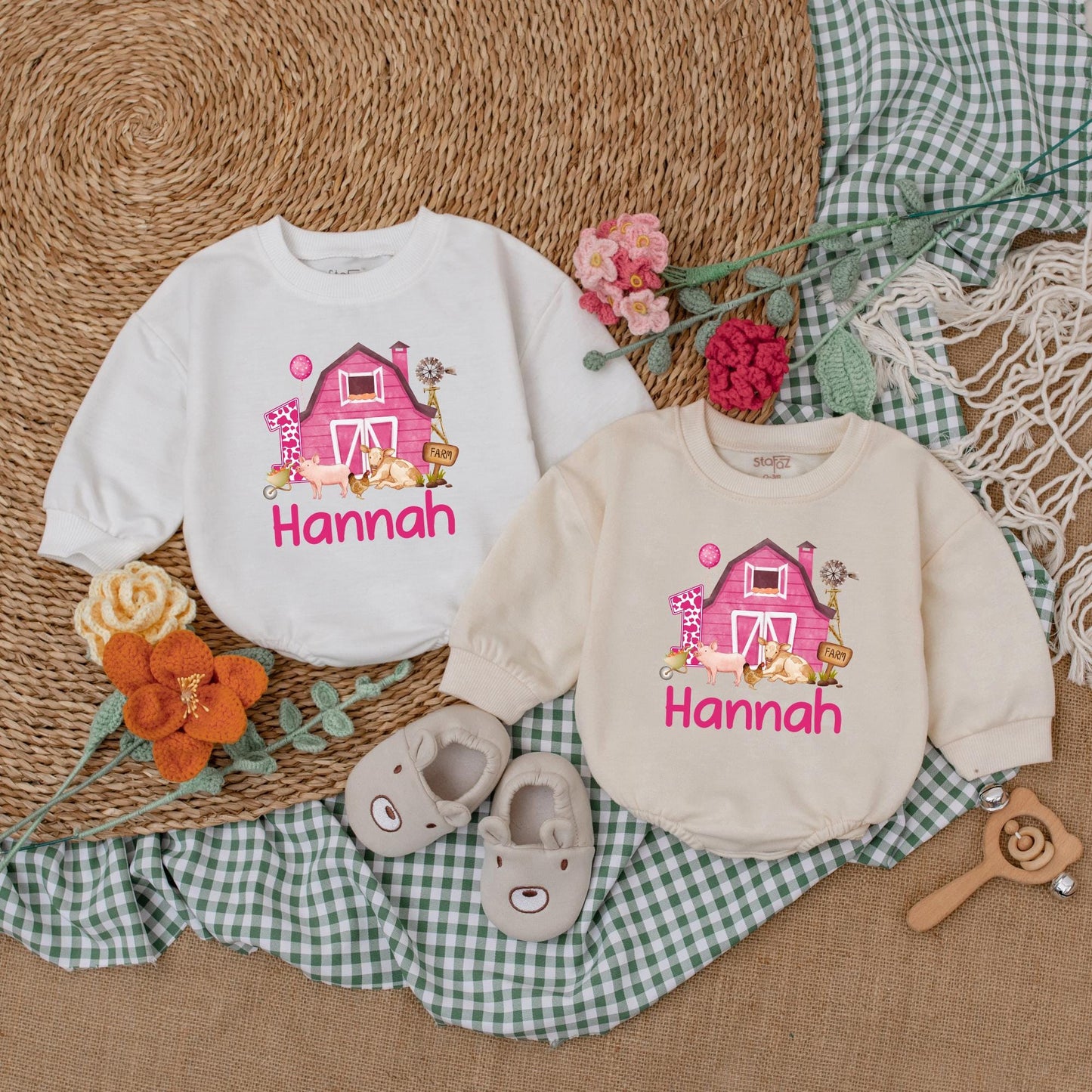 Personalized Pink Farm Birthday Romper Adorable Baby Girl Farm Animals Outfit First Birthday Clothes Cotton Soft and Comfortable Toddler Gift