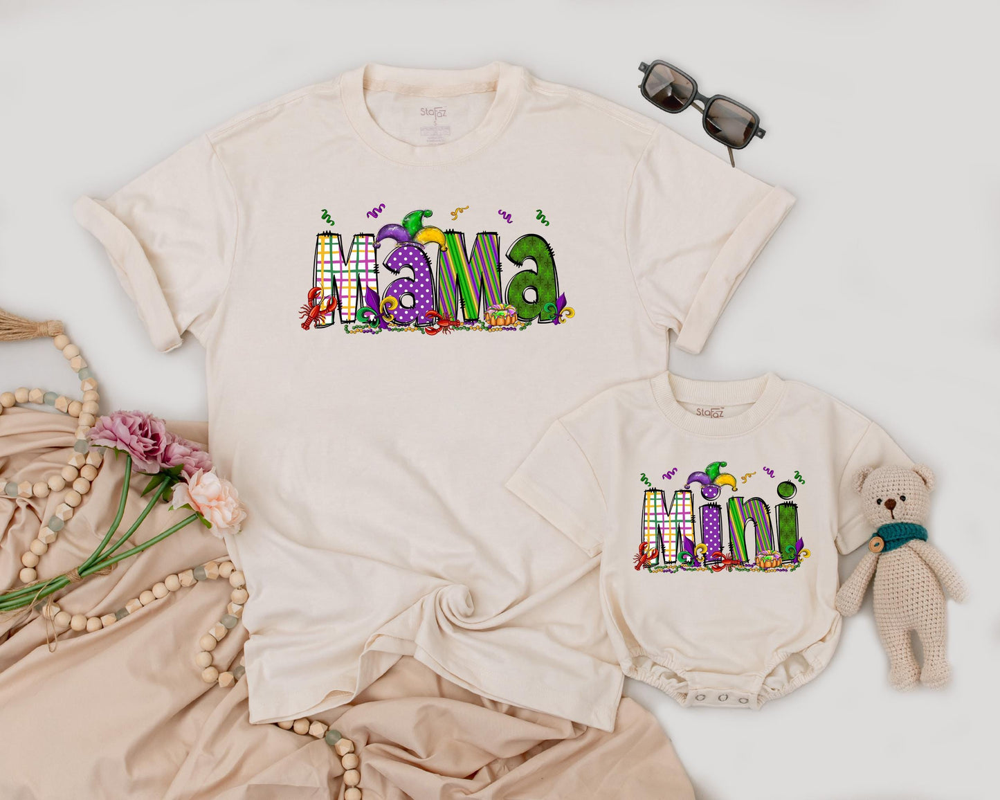 Matching Mama & Mini Mardi Gras Shirts: Personalized Fun for Mom & Girl! Festive Purple, Green & Gold Designs, Carnival Party Outfit