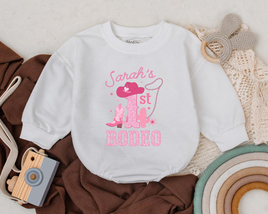 Personalized My First Rodeo Cowgirl Romper Baby Girl Outfit, Western Birthday Bodysuit, Retro Name Bubble Romper 1st Birthday Gift