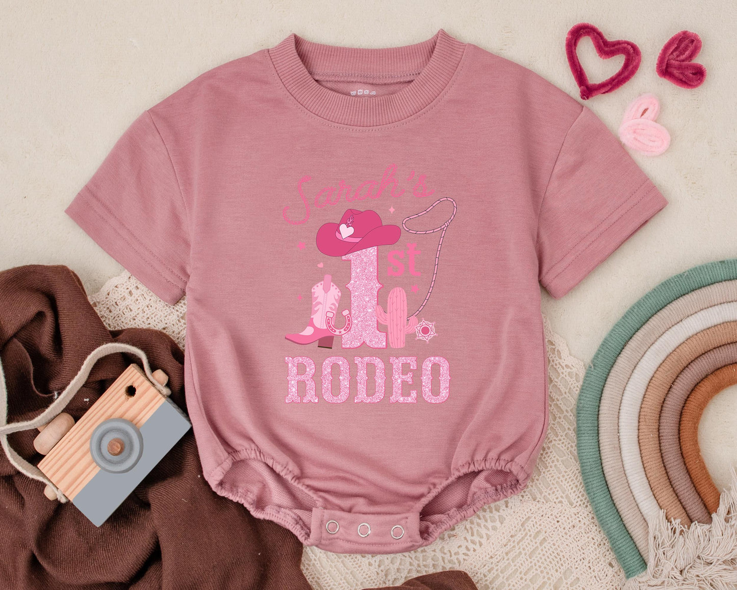 Personalized My First Rodeo Cowgirl Romper Baby Girl Outfit, Western Birthday Bodysuit, Retro Name Bubble Romper 1st Birthday Gift