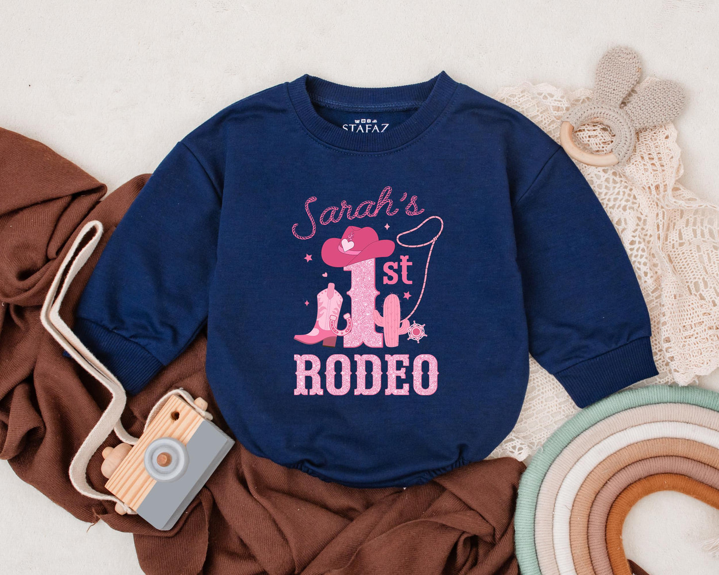 Personalized My First Rodeo Cowgirl Romper Baby Girl Outfit, Western Birthday Bodysuit, Retro Name Bubble Romper 1st Birthday Gift