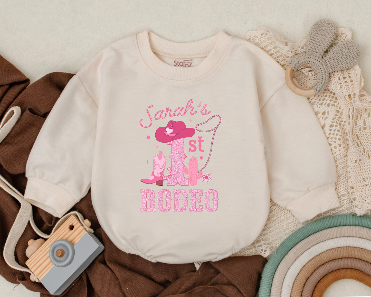 Personalized My First Rodeo Cowgirl Romper Baby Girl Outfit, Western Birthday Bodysuit, Retro Name Bubble Romper 1st Birthday Gift