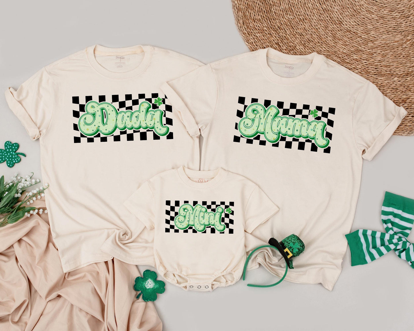 Lucky Checkered Family Matching Shirts Daddy Mama Mini St Patricks Day Birthday Cute Shamrock Green Yellow Design Custom Name Gift