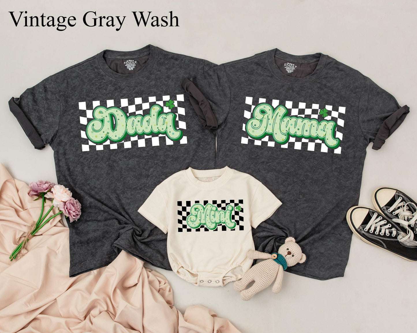 Lucky Checkered Family Matching Shirts Daddy Mama Mini St Patricks Day Birthday Cute Shamrock Green Yellow Design Custom Name Gift