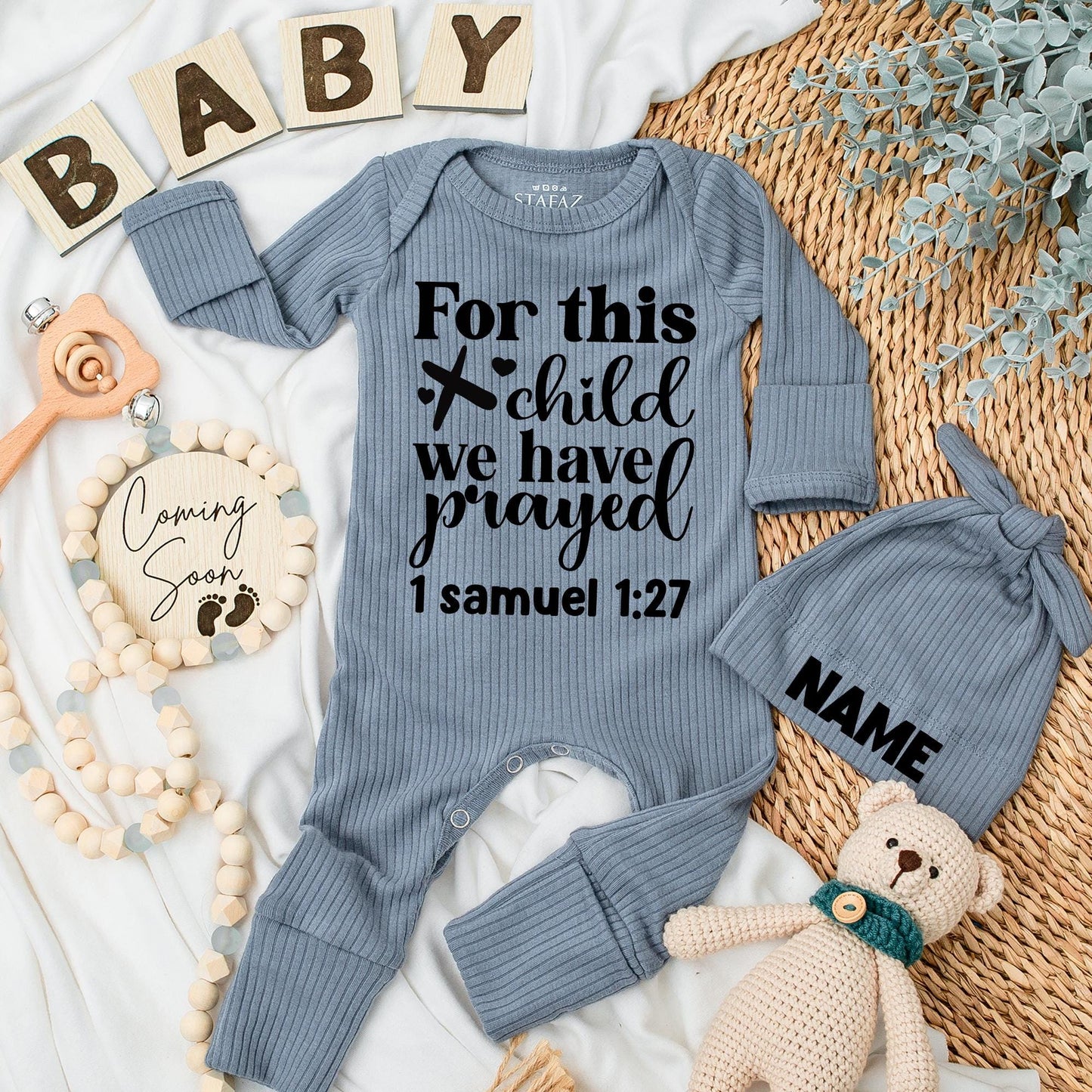For This Child We Have Prayed Custom Name Baby Bodysuit Hat Newborn Outfit Gift Infant Pregnancy Reveal 1 Samuel 1:27 Black Print Heart Design