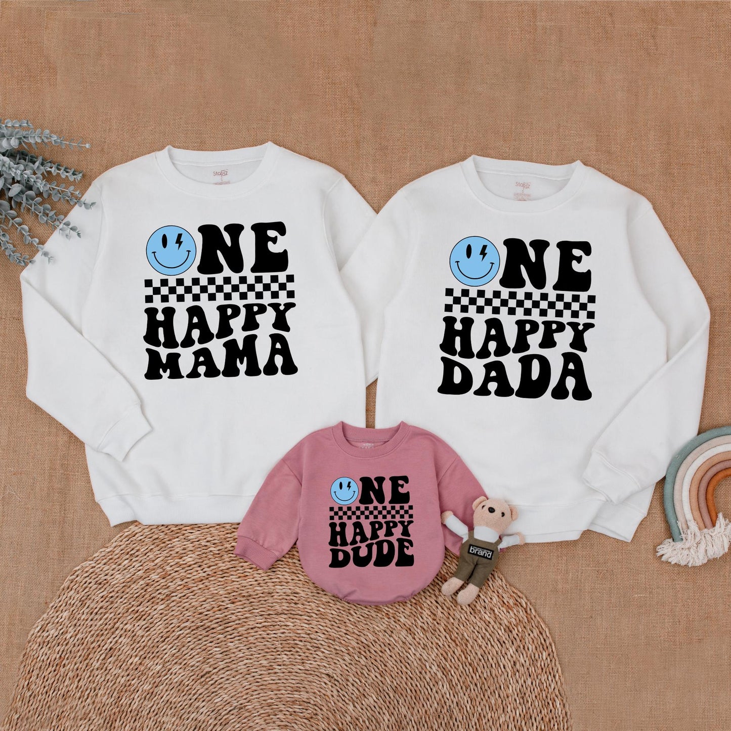 One Happy Dude Birthday Family Sweatshirt Blue Face Matching Outfit Cool Dude