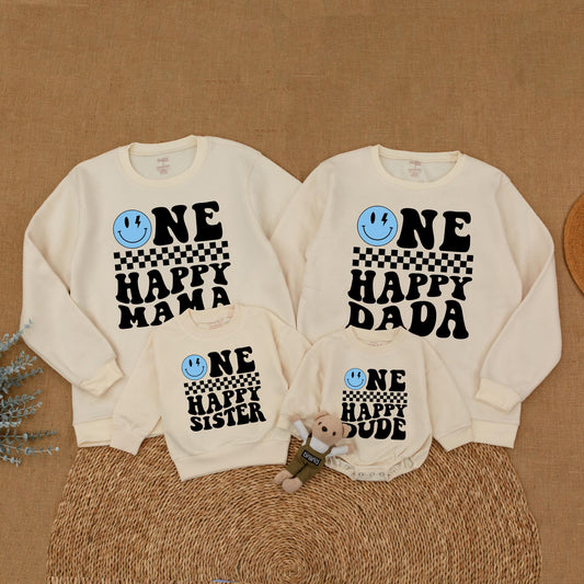 One Happy Dude Birthday Family Sweatshirt Blue Face Matching Outfit Cool Dude