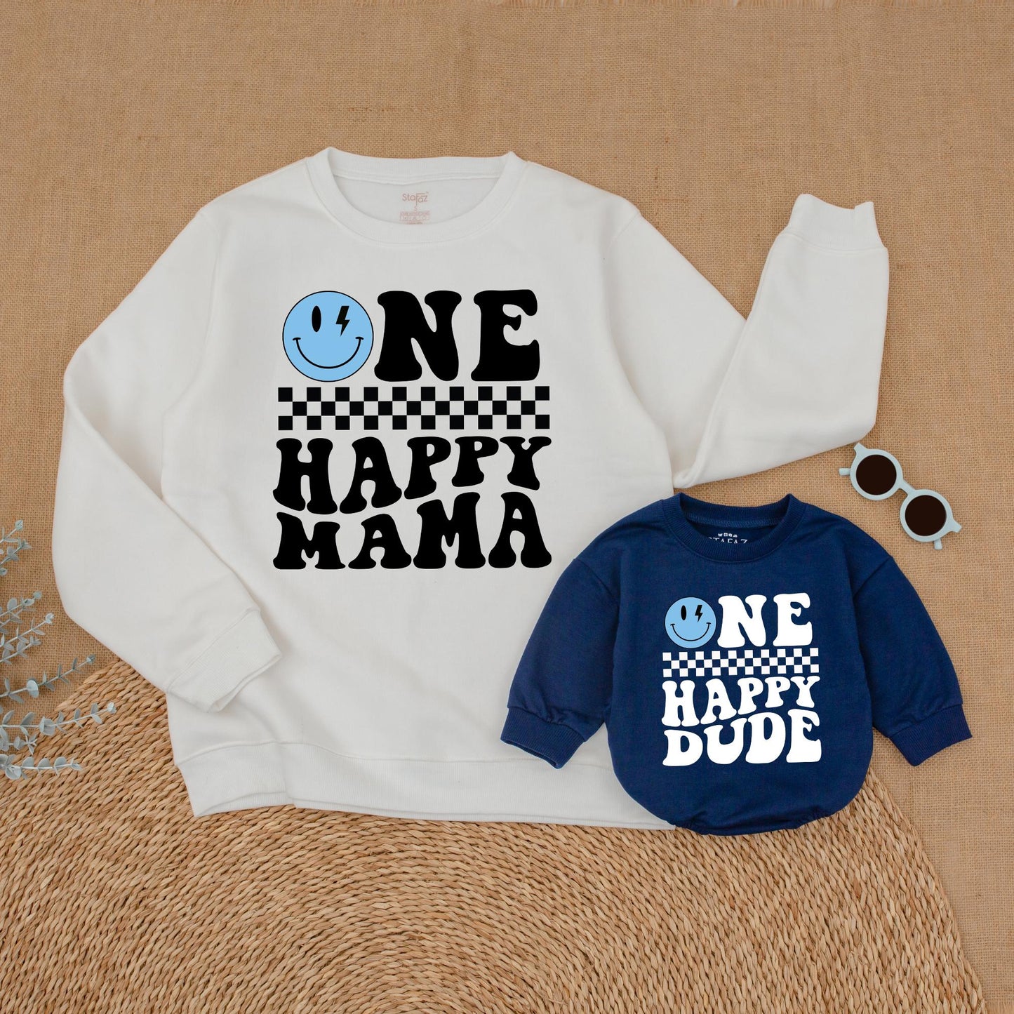 One Happy Dude Birthday Family Sweatshirt Blue Face Matching Outfit Cool Dude