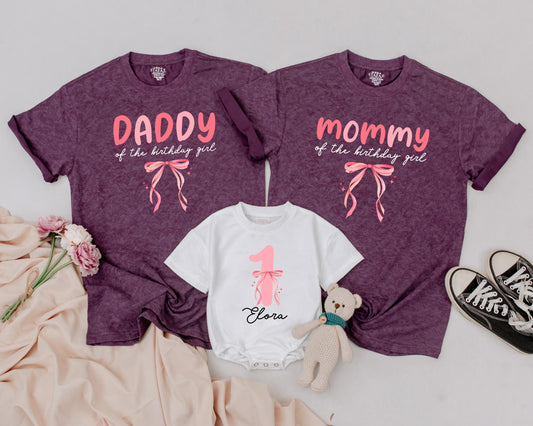 Whimsical Pink Bow First Birthday Outfit Girl Matching Family Shirts Baby One Year Old Mommy Daddy Sister Party Wear