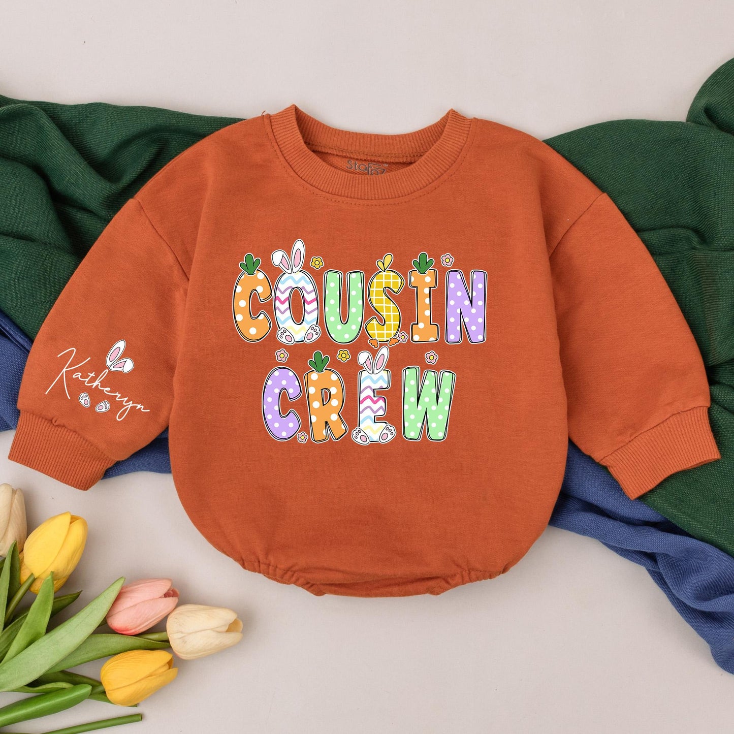 Playful Cousin Crew Easter Romper Personalized with Katheryn Name Floral Bunny Accents Matching Baby Outfit