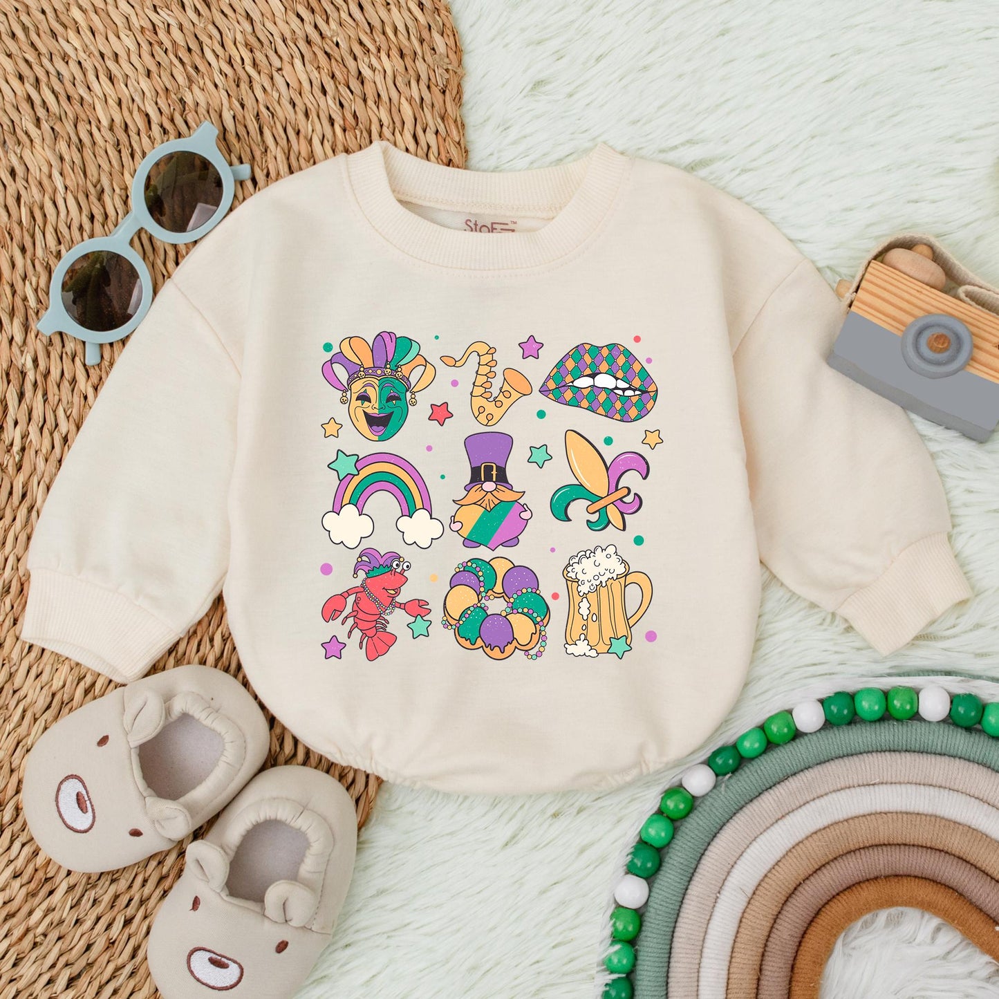 Mardi Gras Baby Bubble Romper King Cake Baby Bodysuit Festive Newborn Outfit for Baby Shower Gift