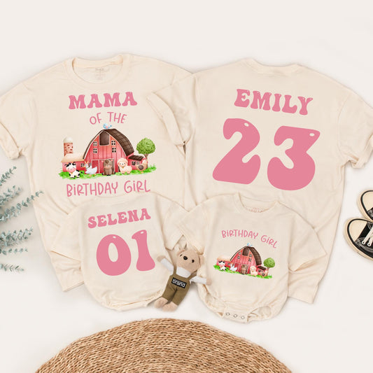 Farm Birthday Girl Family Matching Shirt: Cute Barnyard Animals Tee for Her Party, Pink Text, Personalized Age & Name, Comfortable Cotton Bday T-Shirt