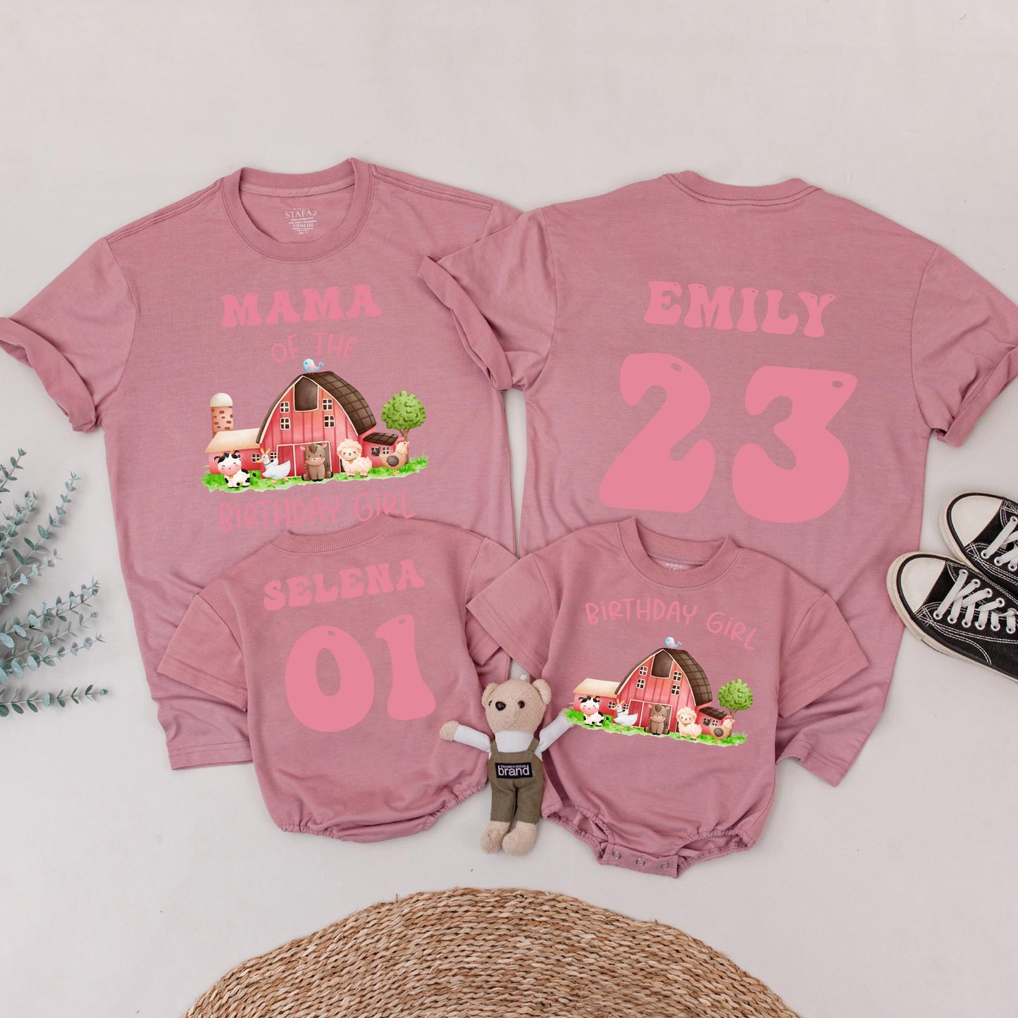 Farm Birthday Girl Family Matching Shirt: Cute Barnyard Animals Tee for Her Party, Pink Text, Personalized Age & Name, Comfortable Cotton Bday T-Shirt