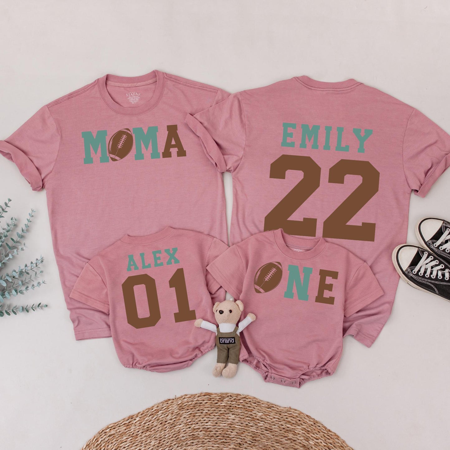 Touchdown One Football Birthday Outfit for Baby Boy 1st Birthday Matching Family Tees Teal Brown Retro Athletic
