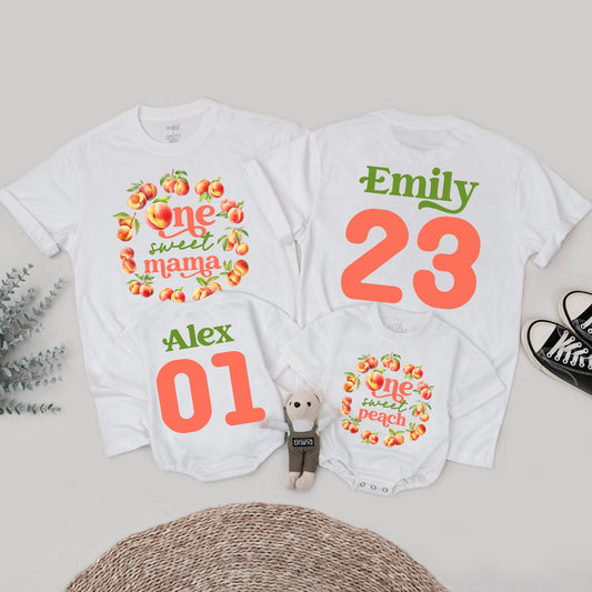 One Sweet Peach Matching Family Birthday Shirts Coordinating Mommy and Me Peach & Green Watercolor Wreath Outfit 1st Birthday