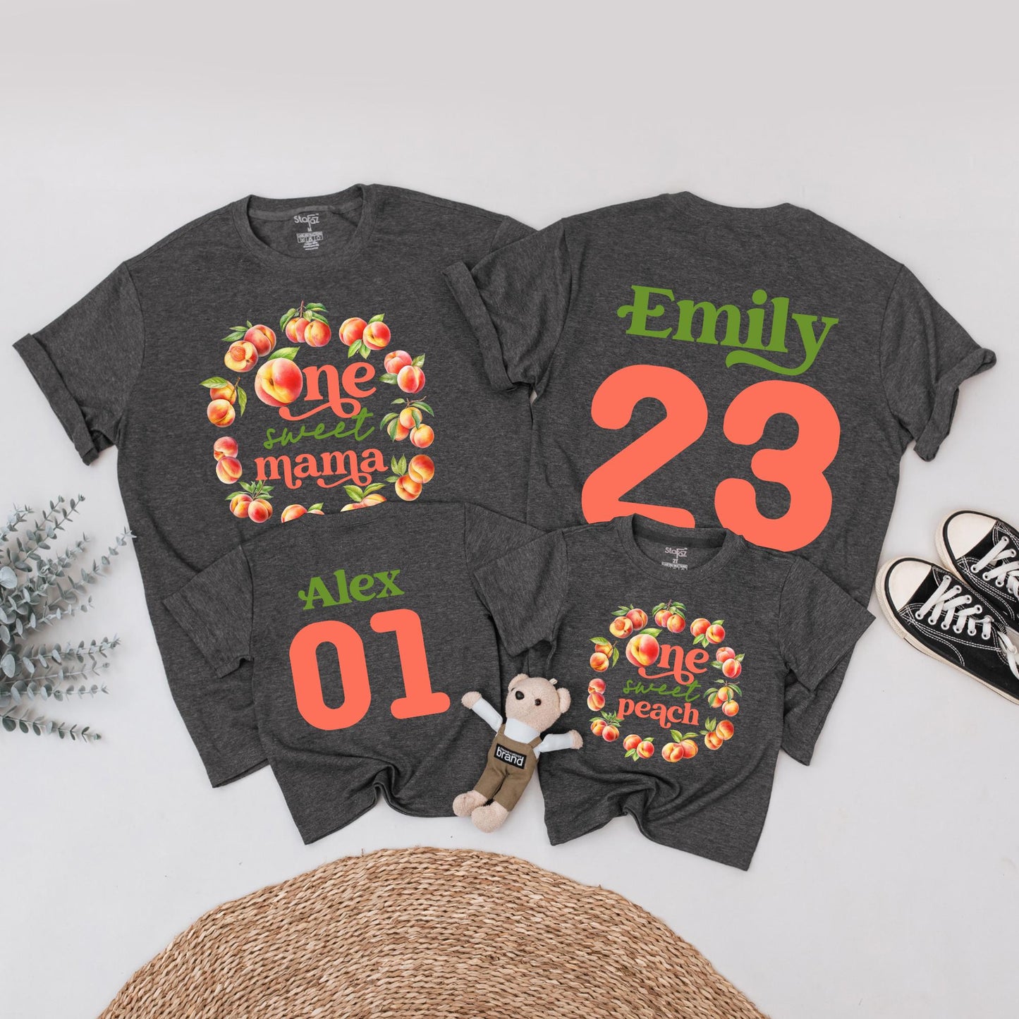 One Sweet Peach Matching Family Birthday Shirts Coordinating Mommy and Me Peach & Green Watercolor Wreath Outfit 1st Birthday