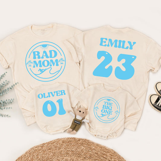 Rad Mom Surf Birthday Family Shirts: The Big One, Emily & Oliver Matching Outfits - Vintage Surf's Up Theme, 1st Birthday Surfer Celebration (137 chars)