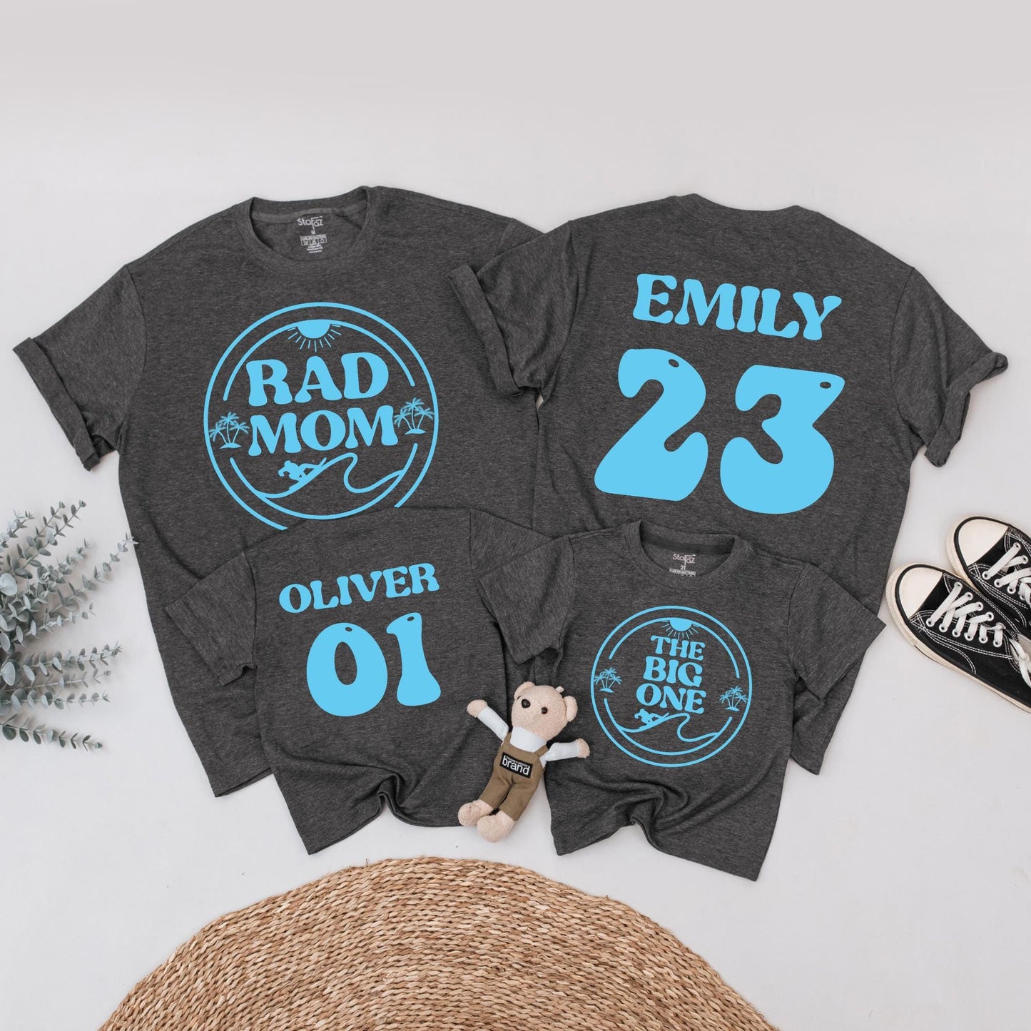 Rad Mom Surf Birthday Family Shirts: The Big One, Emily & Oliver Matching Outfits - Vintage Surf's Up Theme, 1st Birthday Surfer Celebration (137 chars)