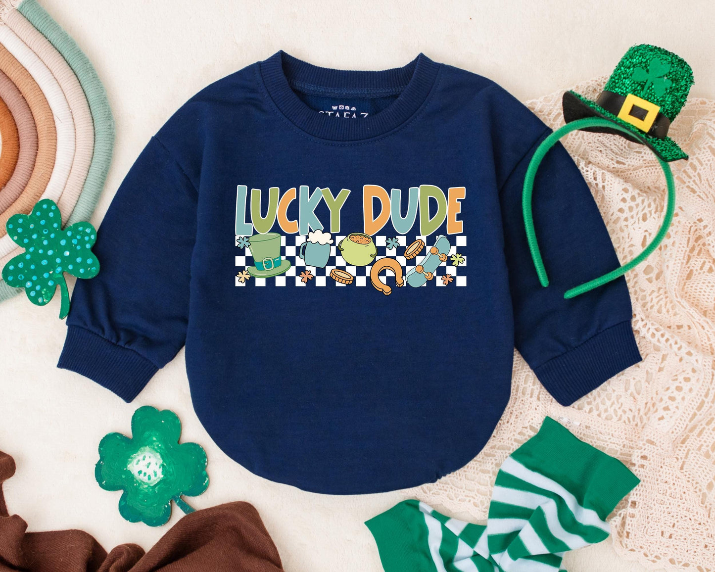 Lucky Dude St Patrick's Day Romper for Infant Baby Boys Girls, My First St Pattys Day Outfit Bodysuit, Irish Baby Gift with Clover Design